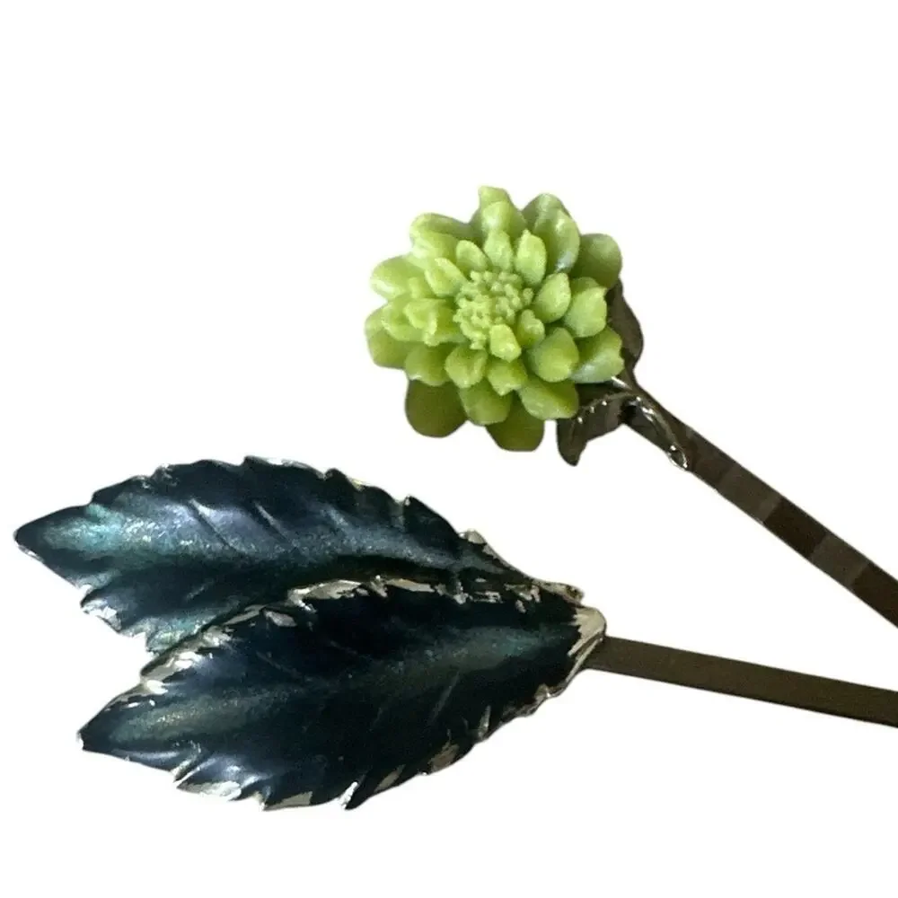 Green Flower Leaf Hair Clips Hairpin Set Vintage Jewelry Accessories Barrettes